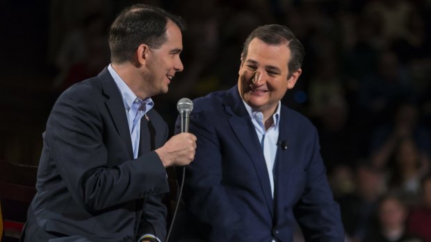 Ted Cruz, right, with Wisconsin governor Scott Walker, in Madison, Wisconsin on Monday. 
