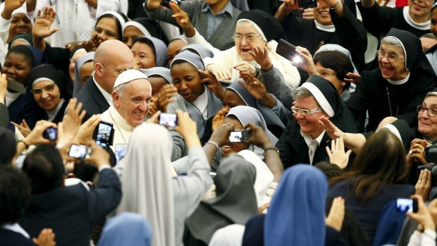 Pope Francis arriving for a special audience on Saturday at the Vatican with the nuns of the Rome's diocese.