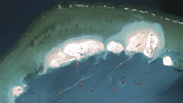 Chinese dredgers working in the Spratly Islands in the South China Sea. 