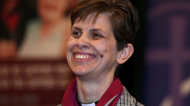 Reverend Libby Lane smiles as her forthcoming appointment as Bishop of Stockport is announced in Stockport Town Hall, northern England, on Wednesday.
