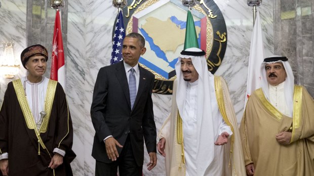 Awkward: Barack Obama with Saudi King Salman bin Abdulaziz and Bahrain's King Hamad bin Isa al-Khalifa (far right) and Oman's deputy prime minister in Riyadh.