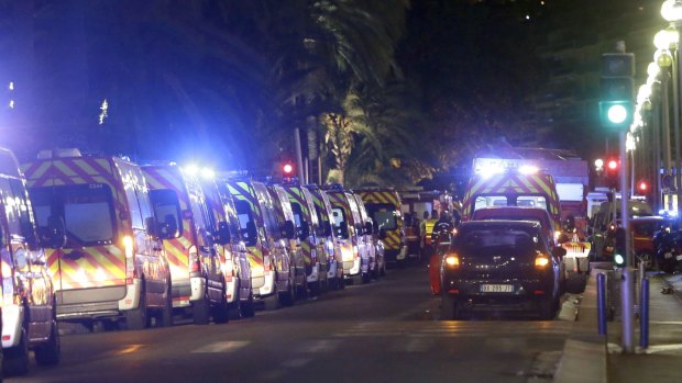 Ambulances line up near the scene of the Nice attack. 