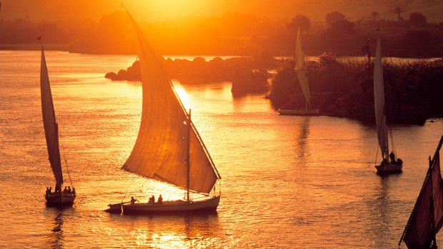 Feluccas on Nile River at Aswan, Egypt.