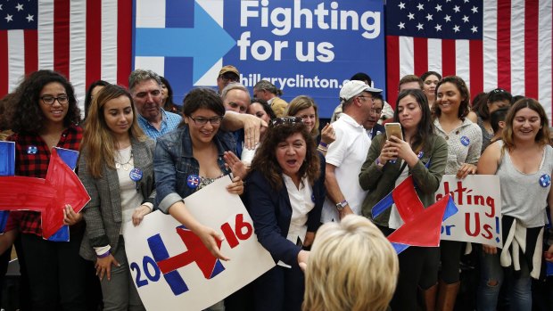 Supporters shake hands with Hillary Clinton in Salinas, California. 