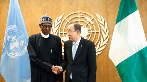 Nigerian President Muhammadu Buhari meets United Nations General Secretary-General Ban Ki-moon at U.N. headquarters.