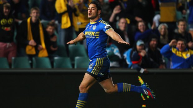 Jarryd Hayne does The Plane after scoring a try for the Eels in 2012.