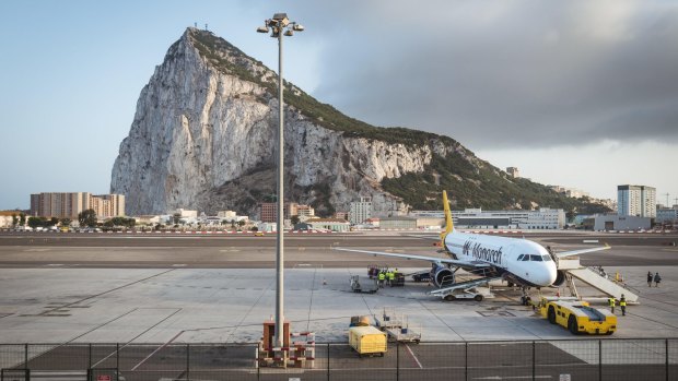 Gibraltar International Airport with Gibraltar Rock in the background. 