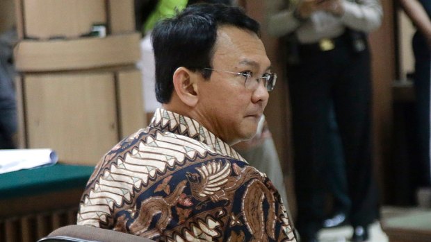 Ahok is seen during his trial at the North Jakarta District Court on blasphemy charges. 