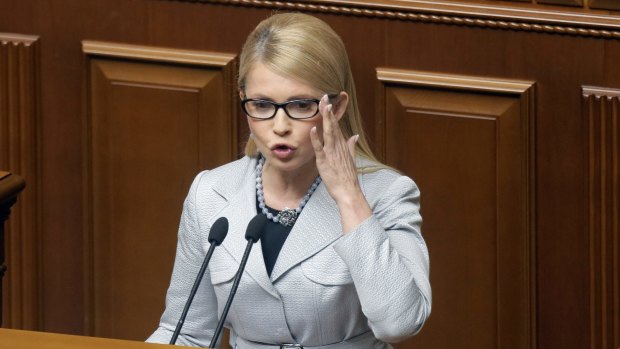 A former prime minister, and leader of the Fatherland party, Yulia Tymoshenko in Parliament in Kiev.