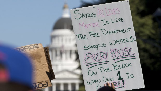 Demonstrators protesting recent police shootings of black men in Sacramento, California.