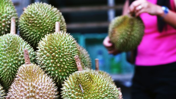 Durians on sale in Singapore. 