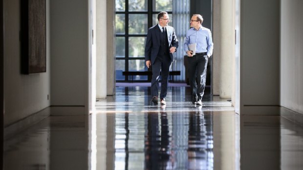 Senator Richard Di Natale and Adam Bandt arrive for the Greens leadership ballot.