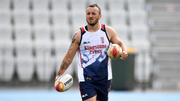 Josh Hodgson of England is seen at training ahead of the Rugby League World Cup at Lakeside Stadium in Melbourne, Tuesday, October 24, 2017.
