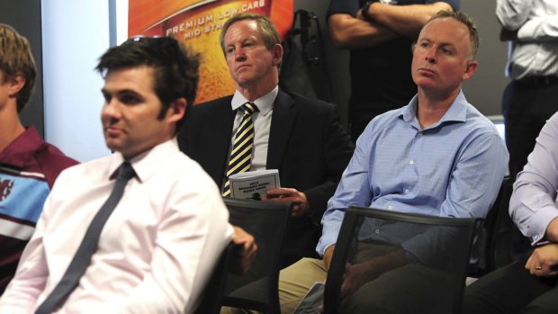 Brumbies president Bob Brown, centre, and board members Matthew Nobbs, right, and Angus McKerchar, left.