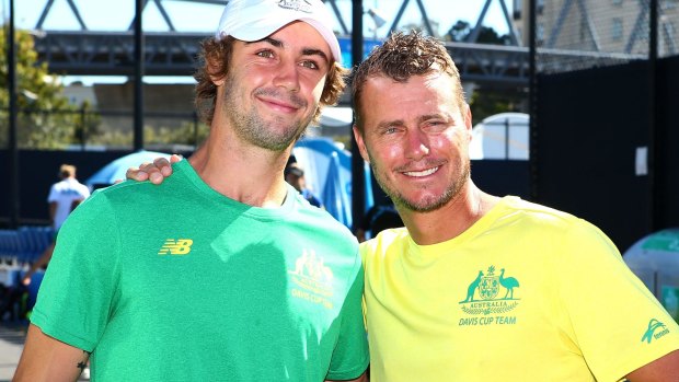 Jordan Thompson and Davis Cup coach Lleyton Hewitt ahead of the upcoming tie against the Czech Republic at Kooyong.