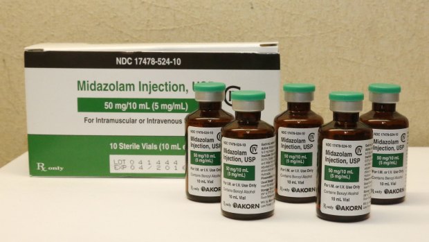 Bottles of midazolam at a hospital pharmacy in Oklahoma City. 