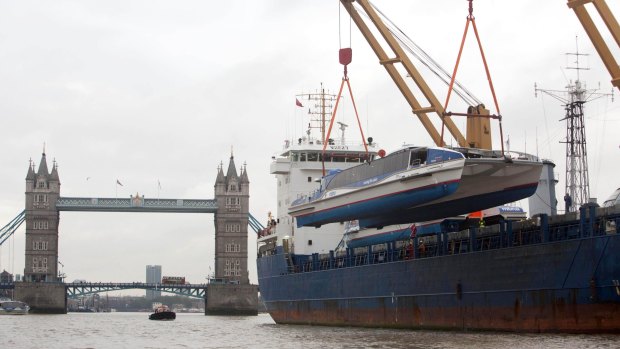 Galaxy Clipper, one of two new catamarans that travelled more than 24,000 kilometres from where they were built in Tasmania, at its new home on the River Thames in London.