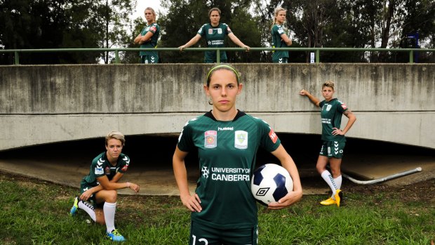 Canberra United players Lori Lindsey, Nicole Begg, Michelle Heyman and back from left, Stephanie Ochs, Kendall Fletcher and Sally Rojahn will take on the Melbourne Victory in the W-League semi-finals.