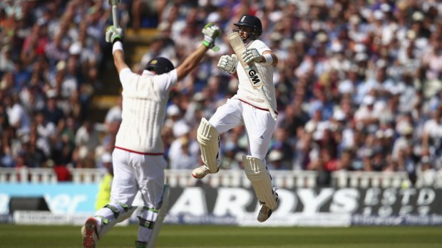 Ian Bell (left) and Joe Root celebrate guiding England past their victory target of 121 on day three of the third Ashes Test against Australia at Edgbaston.
