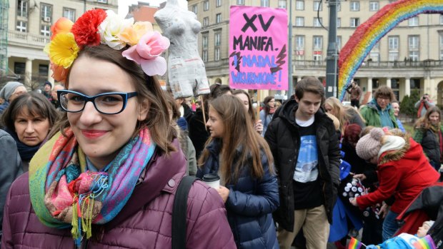 Polish feminist activists march on International Women's Day in Warsaw.