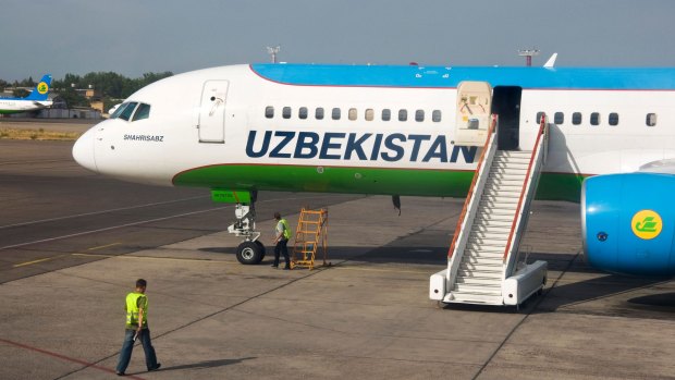 Uzbekistan Airways plane at Tashkent Airport.