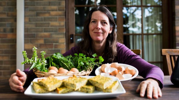 Emma Kain with her frittata, herbs and eggs.
