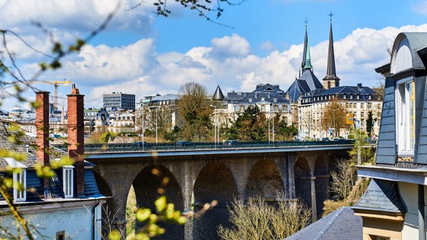 The Passerelle Bridge and steeples of Notre Dame Cathedral, Luxembourg.