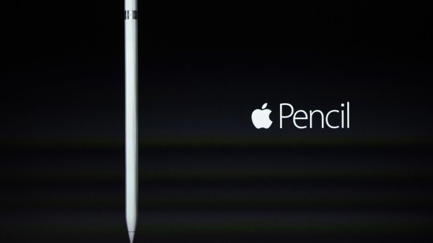 The Apple Pencil is seen on a screen during a product announcement in San Francisco.