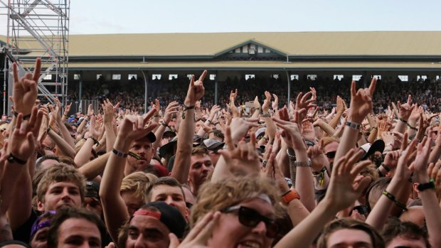 Fans of glam rock parody band Steel Panther scream for their heroes on stage at the Soundwave hard rock and heavy metal music festival at the Melbourne Showgrounds in February this year.