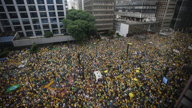 Anti-government protesters jam Sao Paulo's Avenida Paulista during a demonstration calling for the removal of President Dilma Rousseff on March 13.
