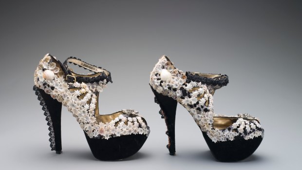 The platform shoes decorated by Esme Timbery for Romance Was Born and now part of the collection of the Museum of Applied Arts and Sciences.