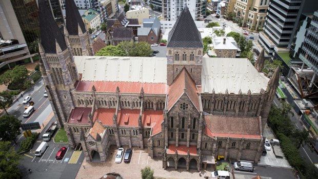 St John's Anglican Cathedral under repair after storm damage.