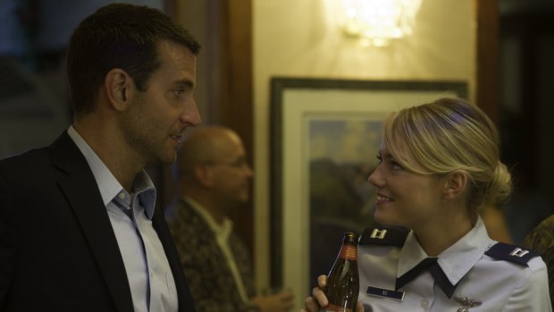 Bradley Cooper, left, and Emma Stone in <i>Aloha.</i>