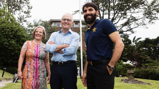 Malcolm and Lucy Turnbull pose with national captain Misbah-ul-Haq from the Pakistan cricket team at Kirribilli House on January 1 this year.