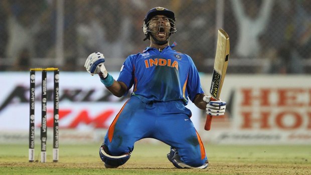 Yuvraj Singh playing in a T20 international for India. Yuvraj went to school with Amit Sharma.