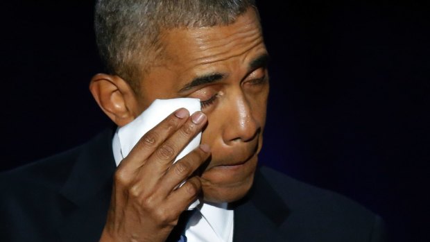 Barack Obama wipes away tears as he speaks at McCormick Place in Chicago.