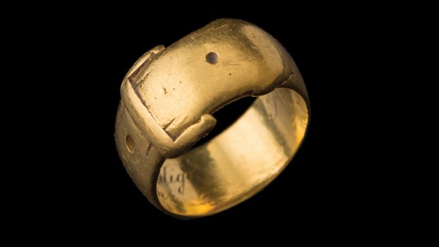 Goldfields buckle ring, 1856, maker unknown. A rare piece of Australian colonial history, this ring is inscribed  "From the Break-O-Day Gold Mine, Bendigo, May 2nd, 1856 C.J. Brown". It is a hefty half an ounce of gold.
