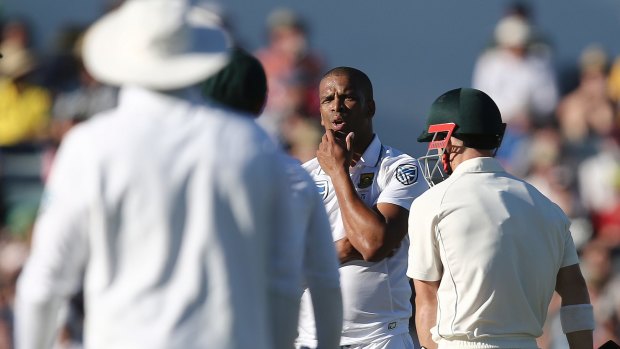 South Africa's Vernon Philander ponders his appeal of the wicket of Australia's David Warner at the WACA on Thursday.