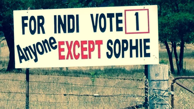 An anti-Sophie Mirabella billboard on the Midland Highway in Indi.