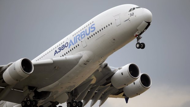 An Airbus A380 takes off for its demonstration flight at the Paris Air Show.