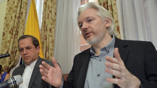 WikiLeaks founder Julian Assange and Ecuador's Foreign Affairs Minister Ricardo Patino at the Ecuadorian embassy in central London.
