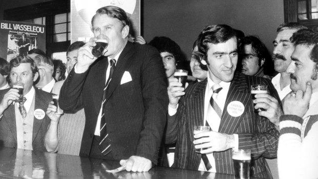 Bottoms up: Then prime minister Malcolm Fraser has a beer during the 1979 campaign.