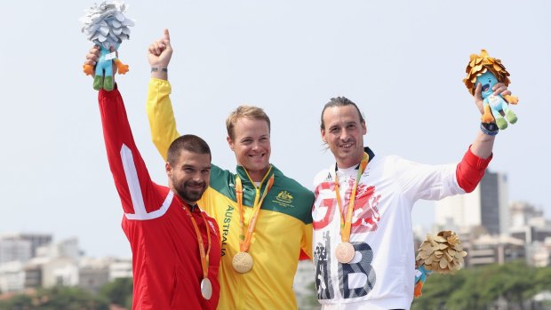 Austria's Markus Swoboda, Australia's Curtis McGrath of Australia and Great Britain's Nick Beighton with their medals.