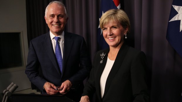Prime Minister designate Malcolm Turnbull with re-elected deputy Liberal leader Julie Bishop on Monday night.