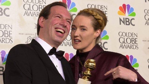 Hans Zimmer and Lisa Gerrard pose with their award for best original score for their musical work on the film <i>Gladiator</i> at the Golden Globe Awards in 2001. 
