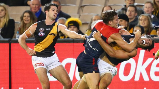 Reaction: Demon Jack Viney remonstrates with Rance after the Jack Watts incident
