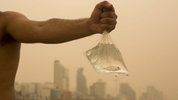 An Israeli man holds up the fish he caught on the Mediterranean Sea beach front, covered with a blanket of yellow dust, in Tel Aviv, Israel, on Tuesday.