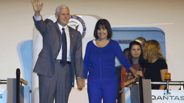 US Vice President Mike Pence, wife Karen and their daughters Audrey, second right, and Charlotte, right, as they arrive in Sydney.