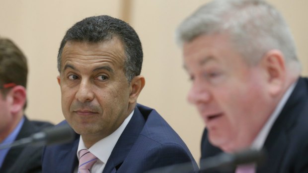 SBS managing director Michael Ebeid and Minister for Communications Mitch Fifield during the estimates hearing.