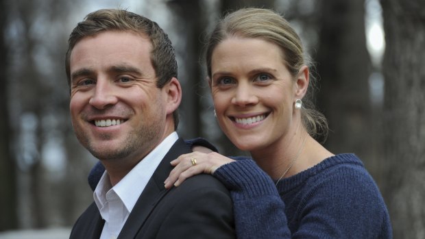 Labor candidate for the seat of Brindabella, Taimus Werner-Gibbings, with his wife Libby. Research by Andrew Leigh says attractive politicians have an advantage at elections, but those with hyphenated surnames are held back. 